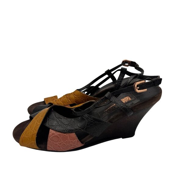 Aerosoles Wedge Sandals 8.5 Black Brown Orange Croc Embossed Leather Straps - Picture 6 of 8